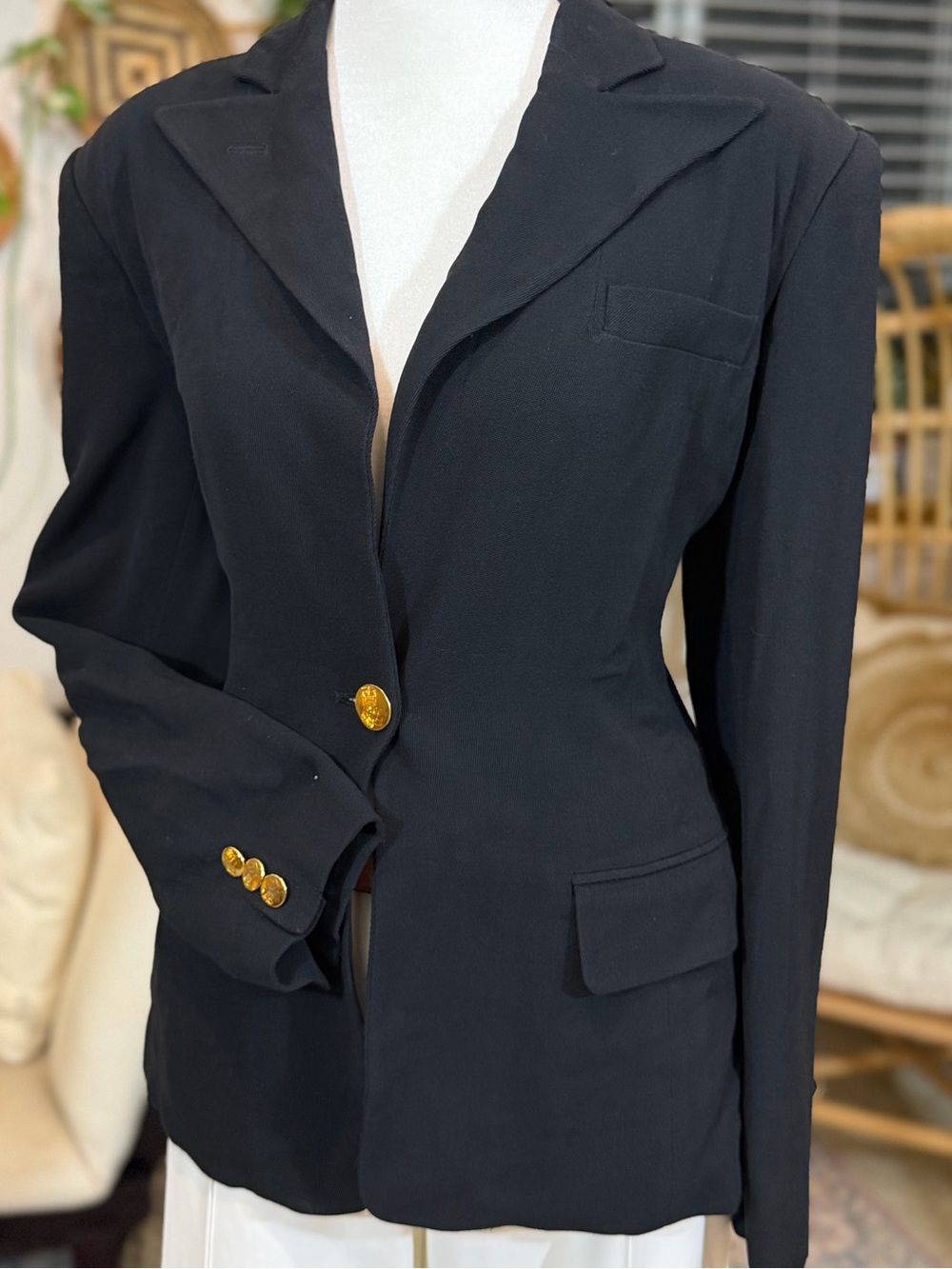 Vintage Lauren Ralph Lauren Black Blazer Gold Crest Buttons Size 4 Fall Money - Picture 3 of 13